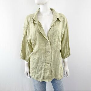 Solai Green Linen Shirt Top Size M Long Sleeve Button Down Casual Lagenlook